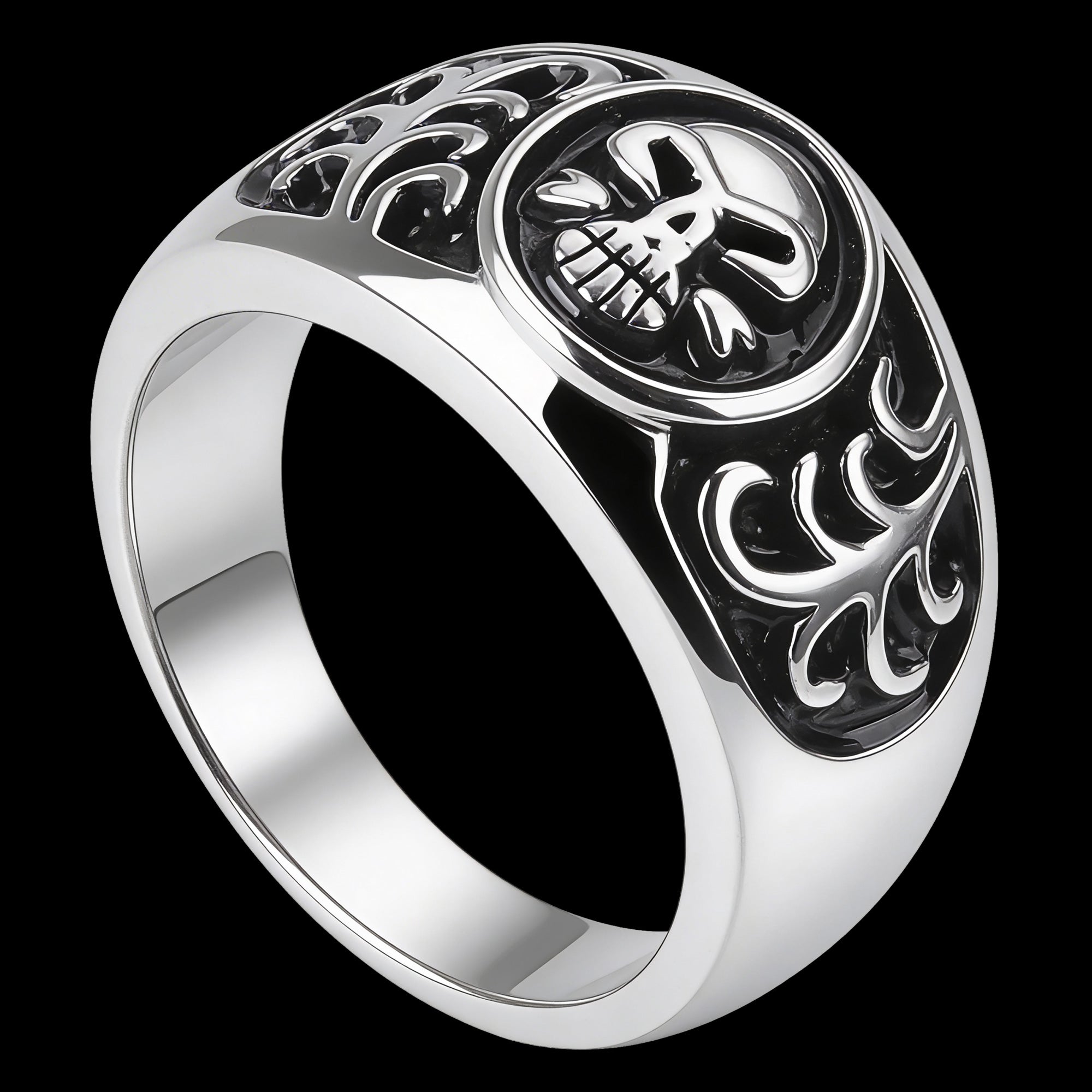 Side tilt view of men's tribal skull stainless steel ring.