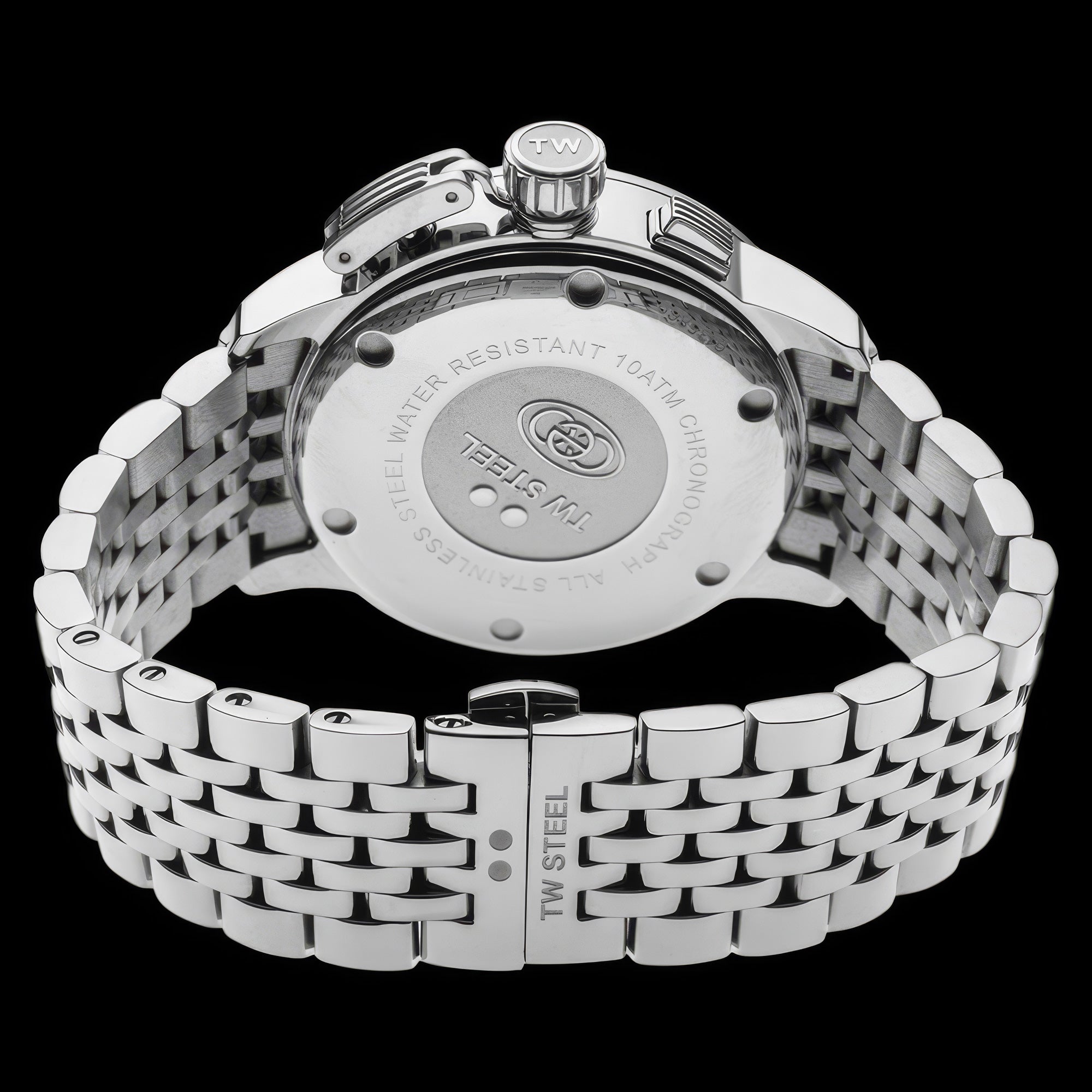 Back view of TW Steel CEO Adesso CE7019 black dial chronograph watch.