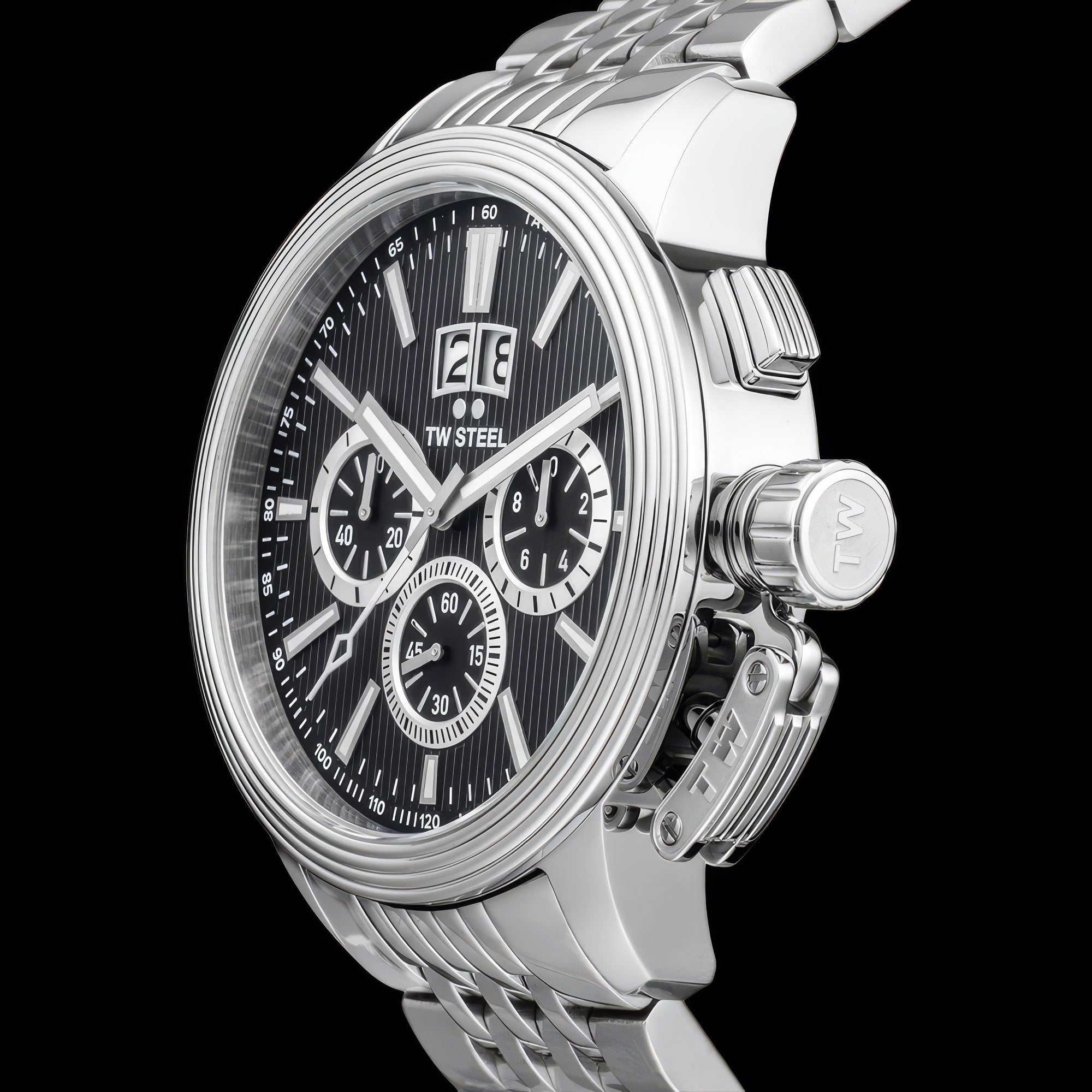 Side view of TW Steel CEO Adesso CE7019 black dial chronograph watch.
