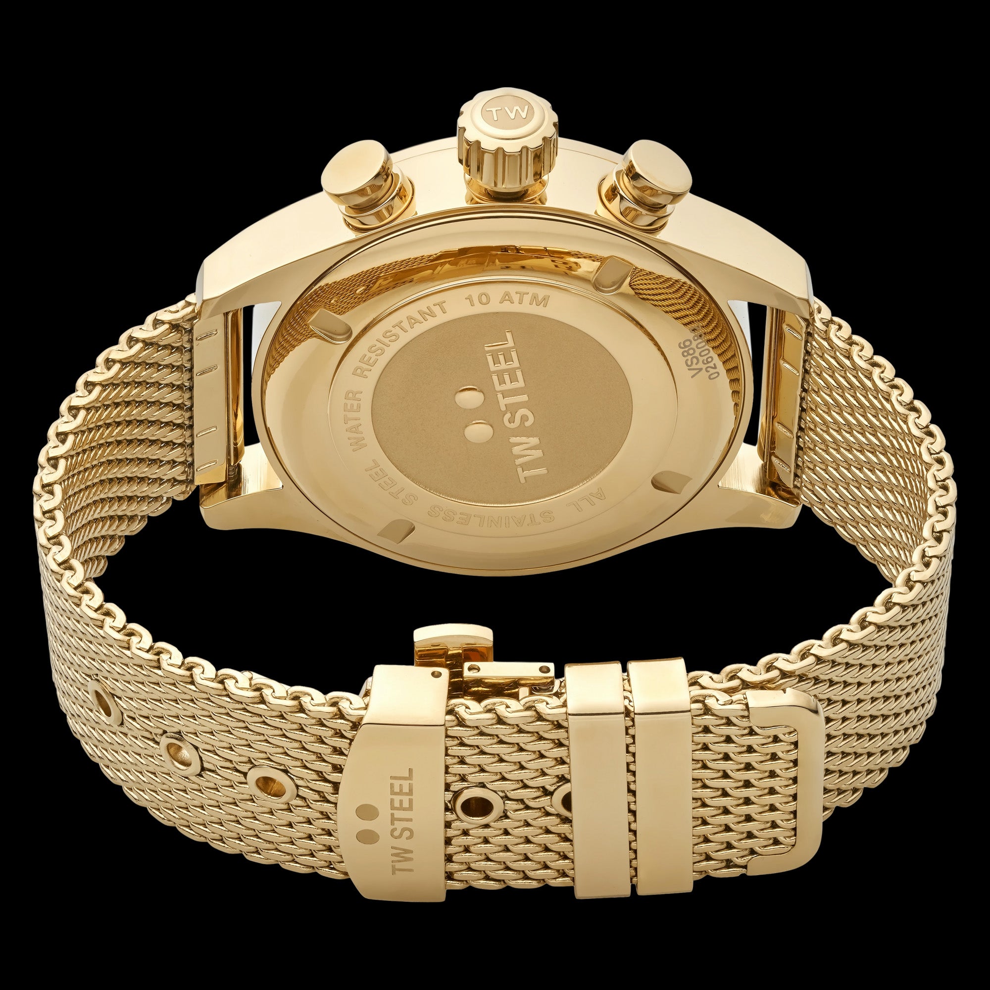 Back view of TW Steel VS88 Volante gold black dial numbers chronograph watch.