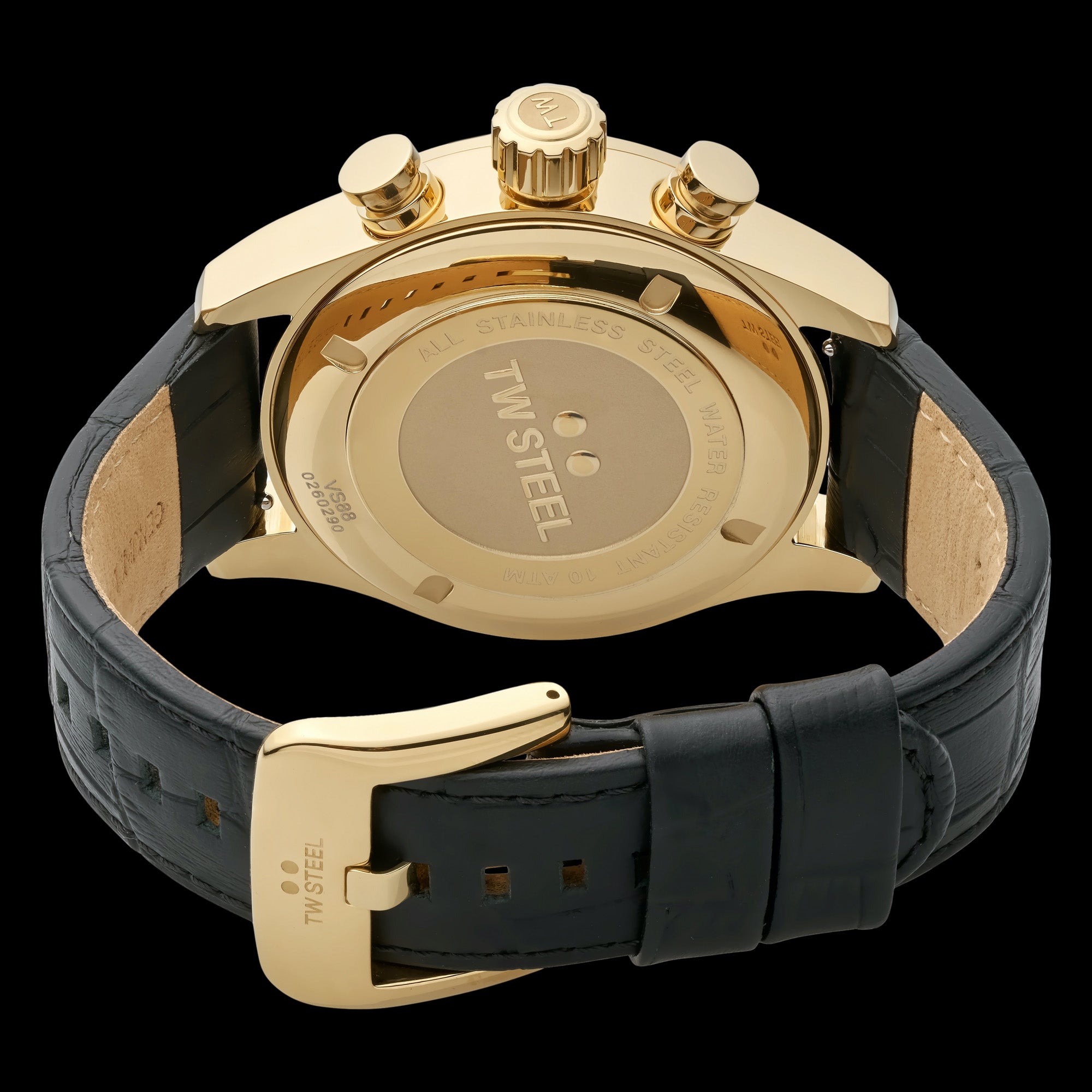 Back view of TW Steel VS88L Volante gold black dial numbers chronograph watch.