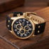 TW Steel VS88L Volante gold black dial numbers chronograph watch on an old wooden desk.