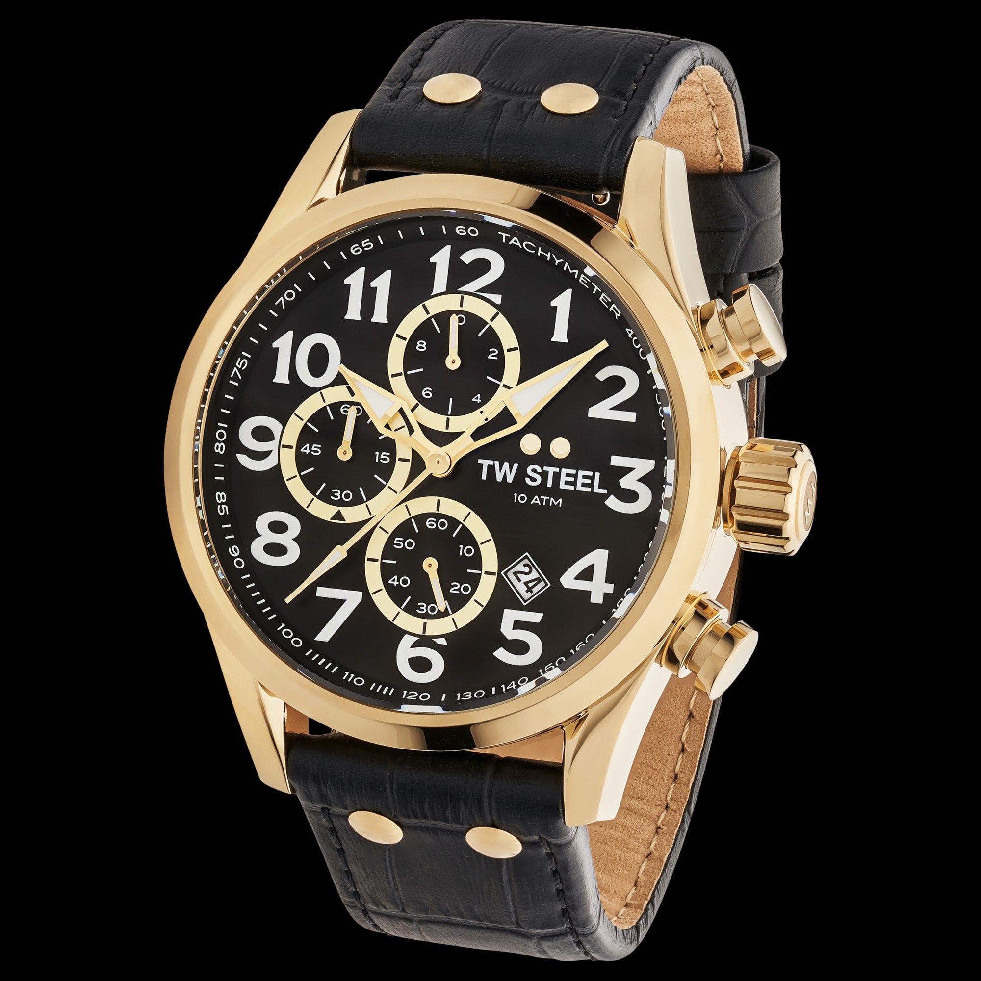 Side till view of TW Steel VS88L Volante gold black dial numbers chronograph watch.