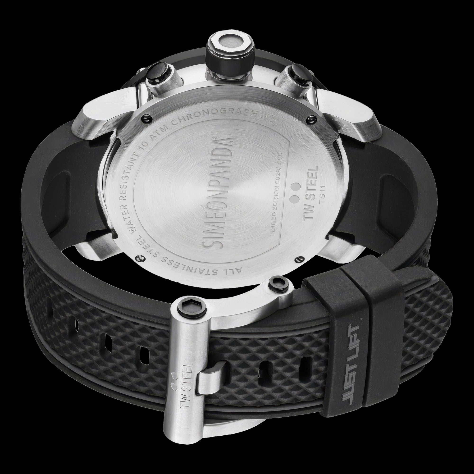 Back view of TW Steel Simeon Panda black dial 48mm grandeur tech TS11 watch.