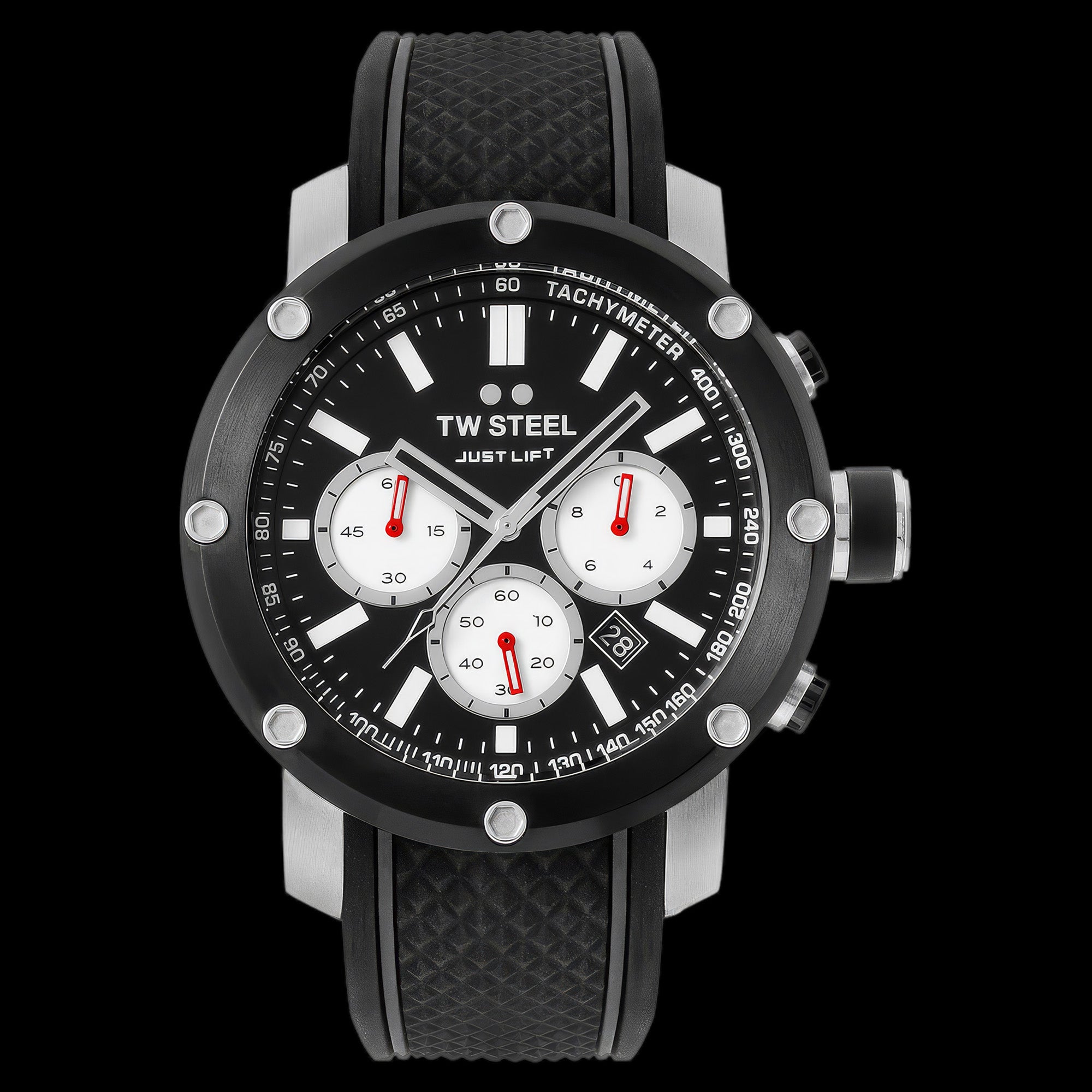 Front view of TW Steel Simeon Panda black dial 48mm grandeur tech TS11 watch.