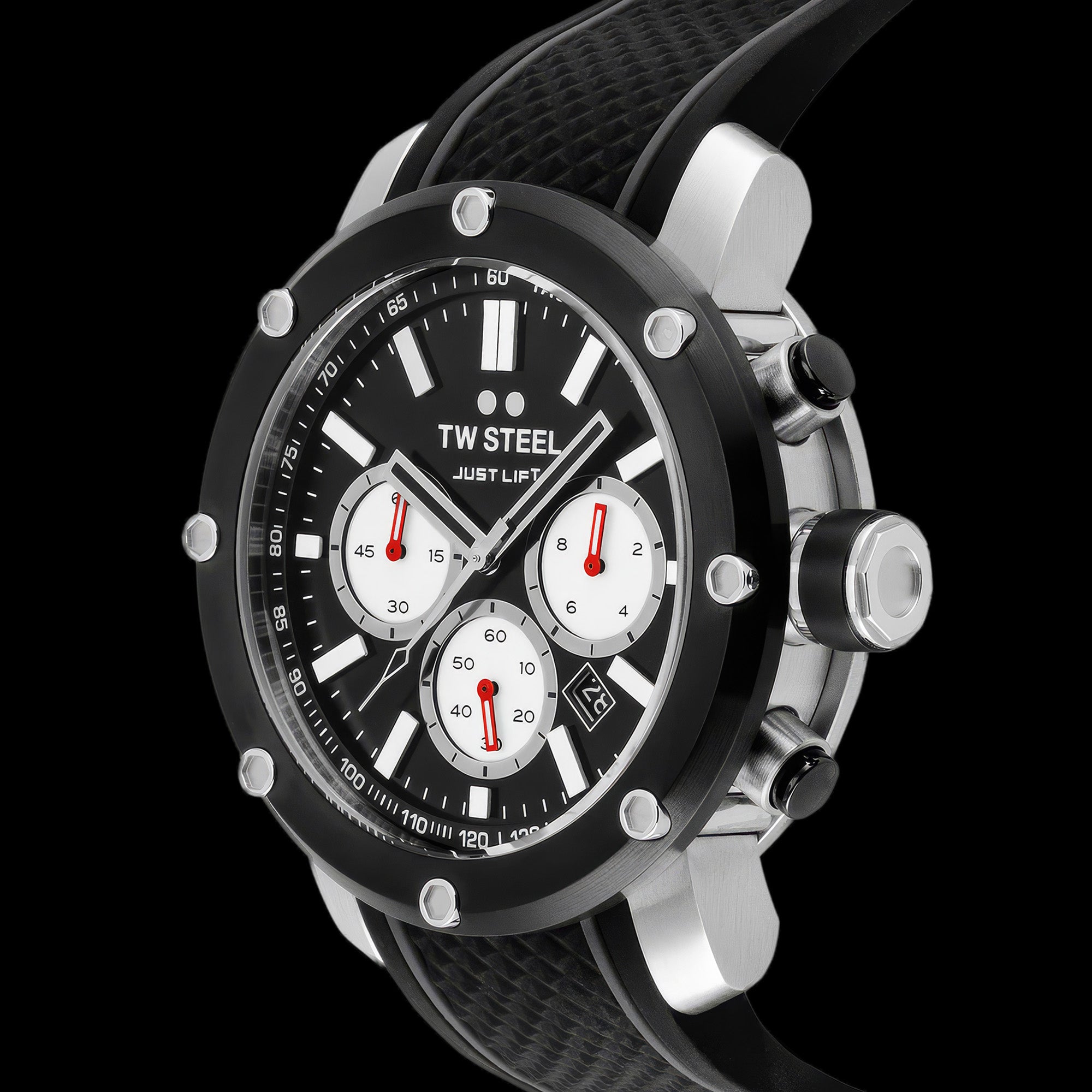 Side tilt view of TW Steel Simeon Panda black dial 48mm grandeur tech TS11 watch.
