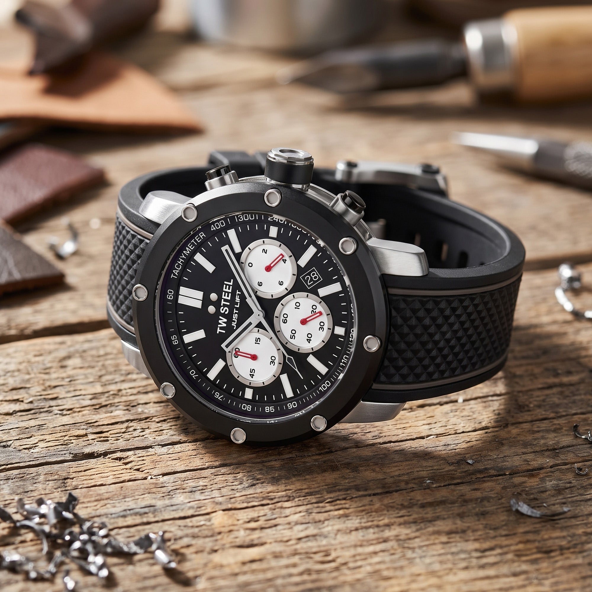 TW Steel Simeon Panda black dial 48mm grandeur tech TS11 watch on a wooden work bench with metal shavings.