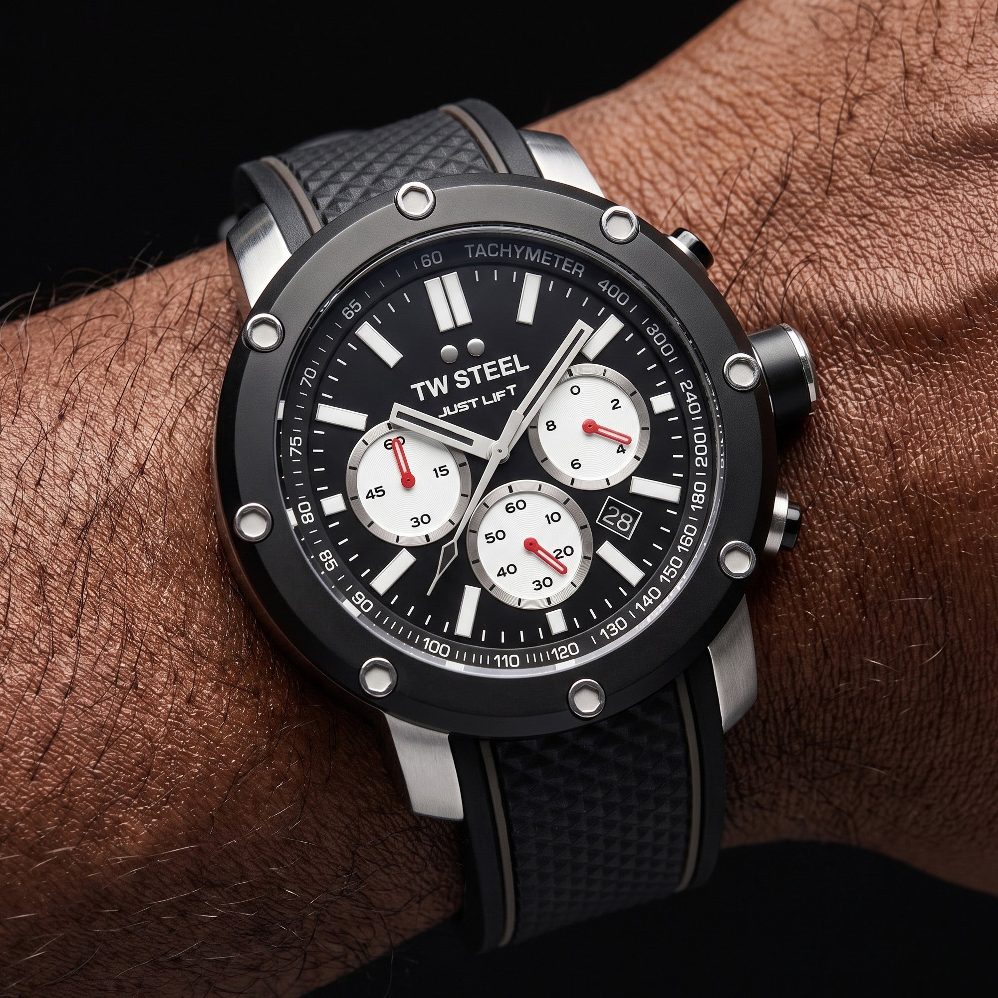 Man wearing TW Steel Simeon Panda black dial 48mm grandeur tech TS11 watch.