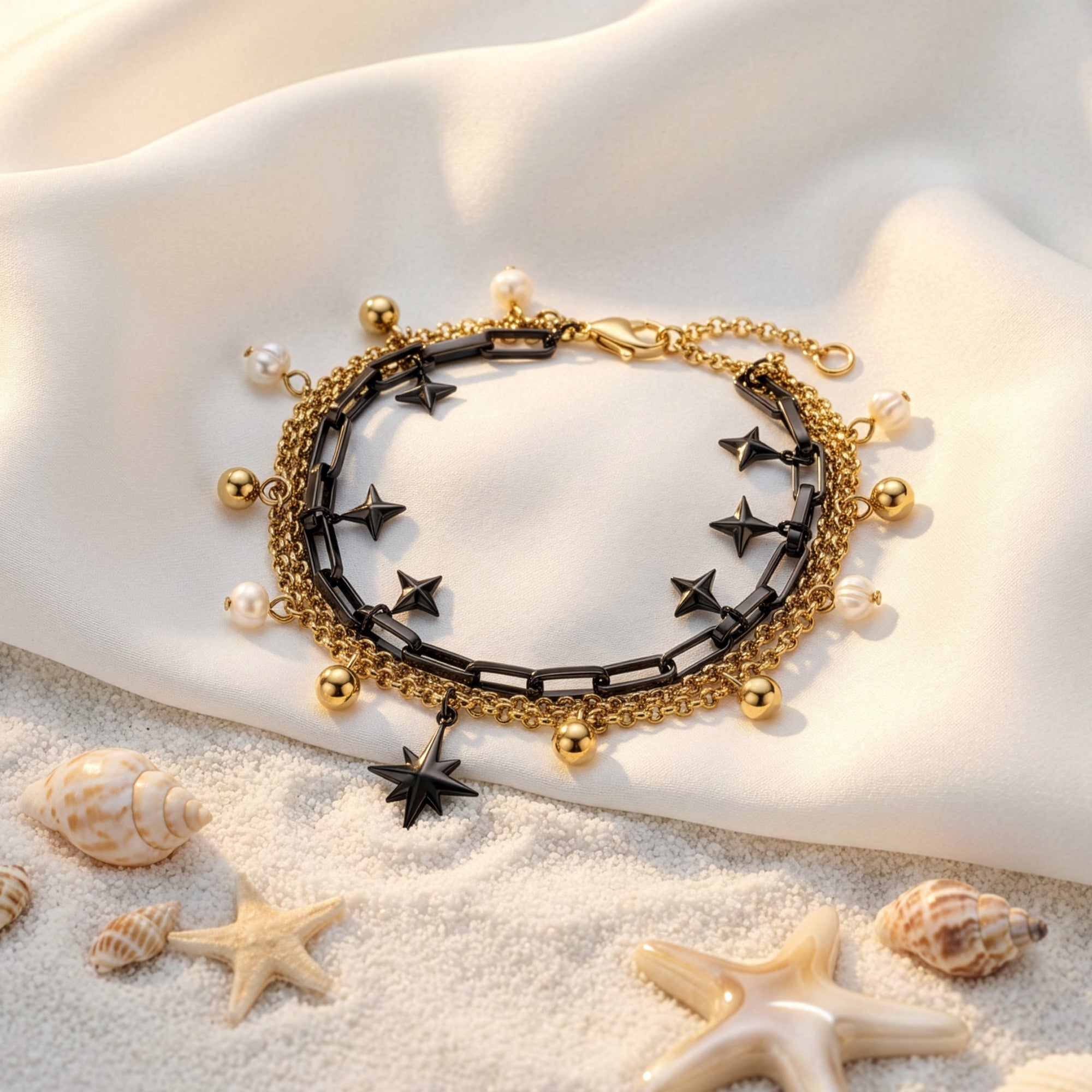 An Engelsrufer wind rose gold and black boho pearl bracelet laying on white fabric with sand, seashells and starfish.