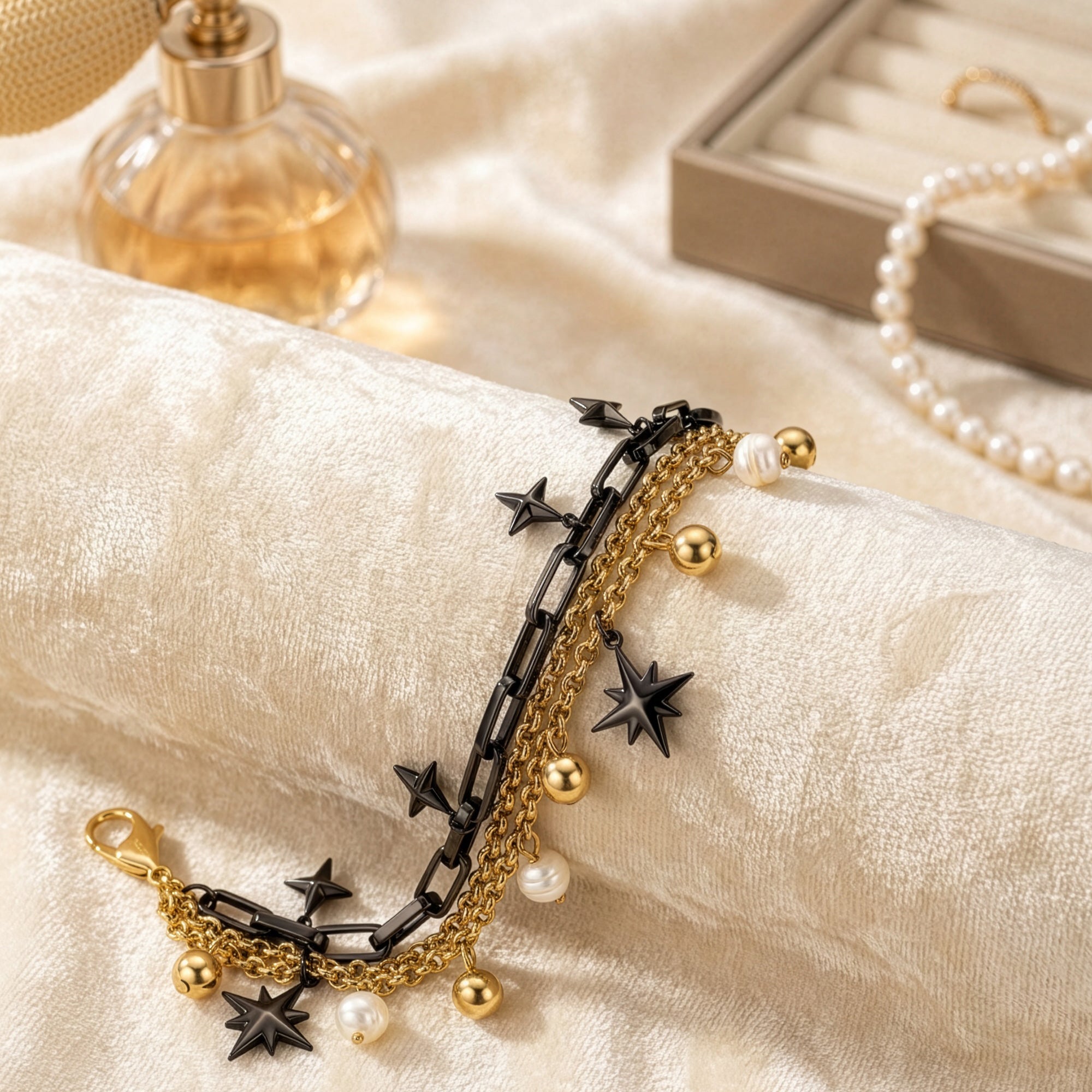 An Engelsrufer wind rose gold and black boho pearl bracelet layered on velvet fabric with a perfume bottle.