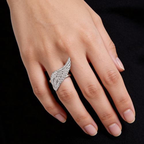 Woman Wearing Sterling Silver Adjustable Crystal Angel Wing Ring