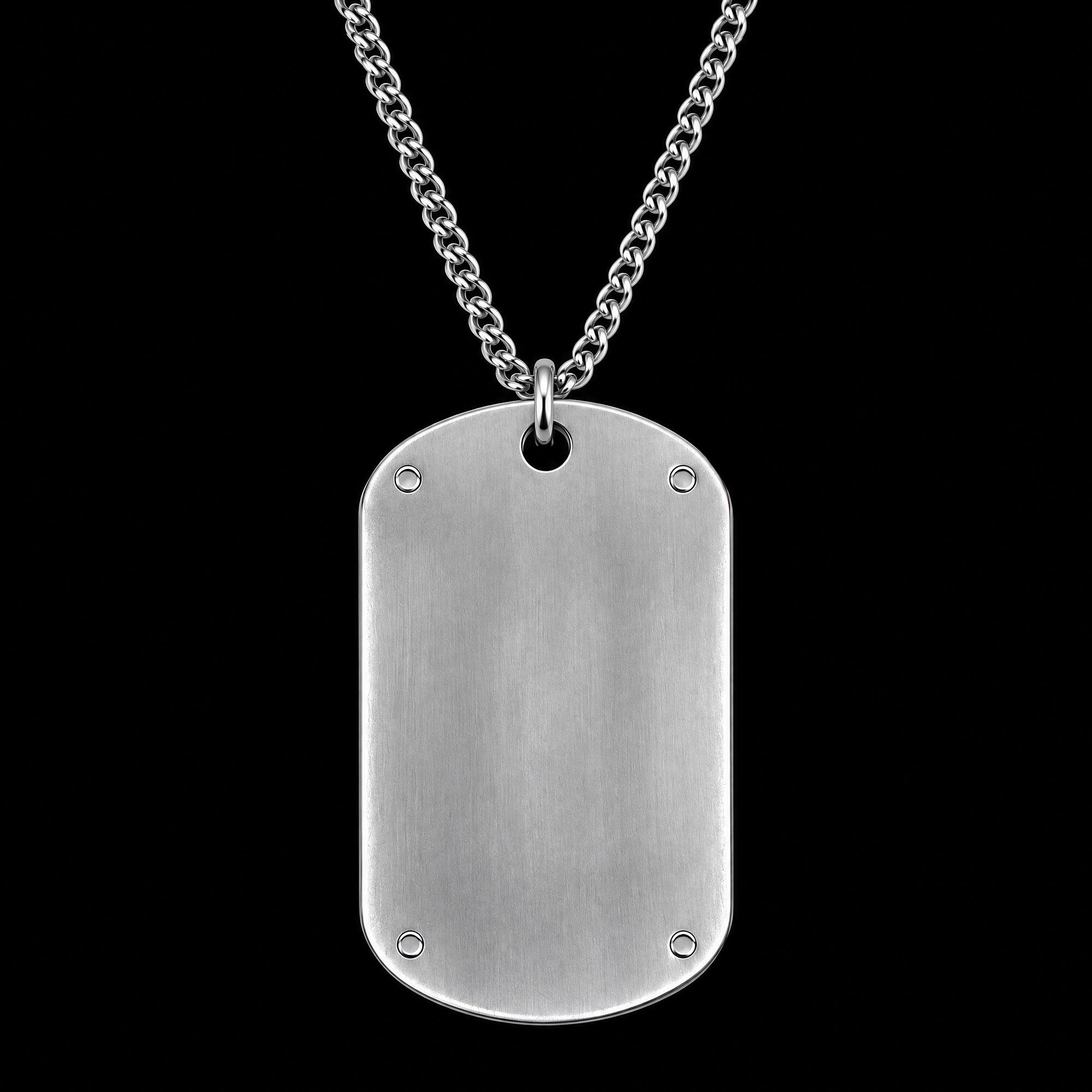 Back view of a cross wood inlay steel dog tag necklace with brushed panel ready for engraving.