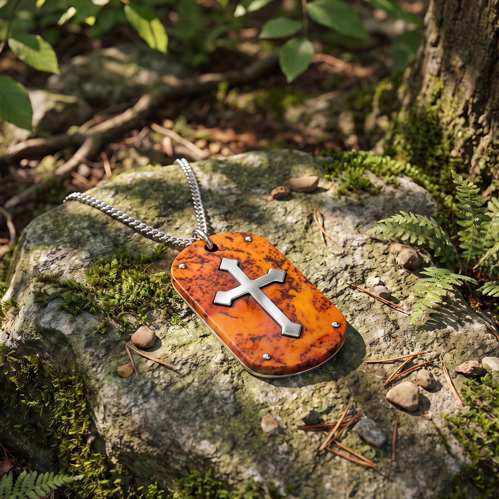 A cross wood inlay steel dog tag necklace laying on a moss-covered rock next to a tree in a forest.