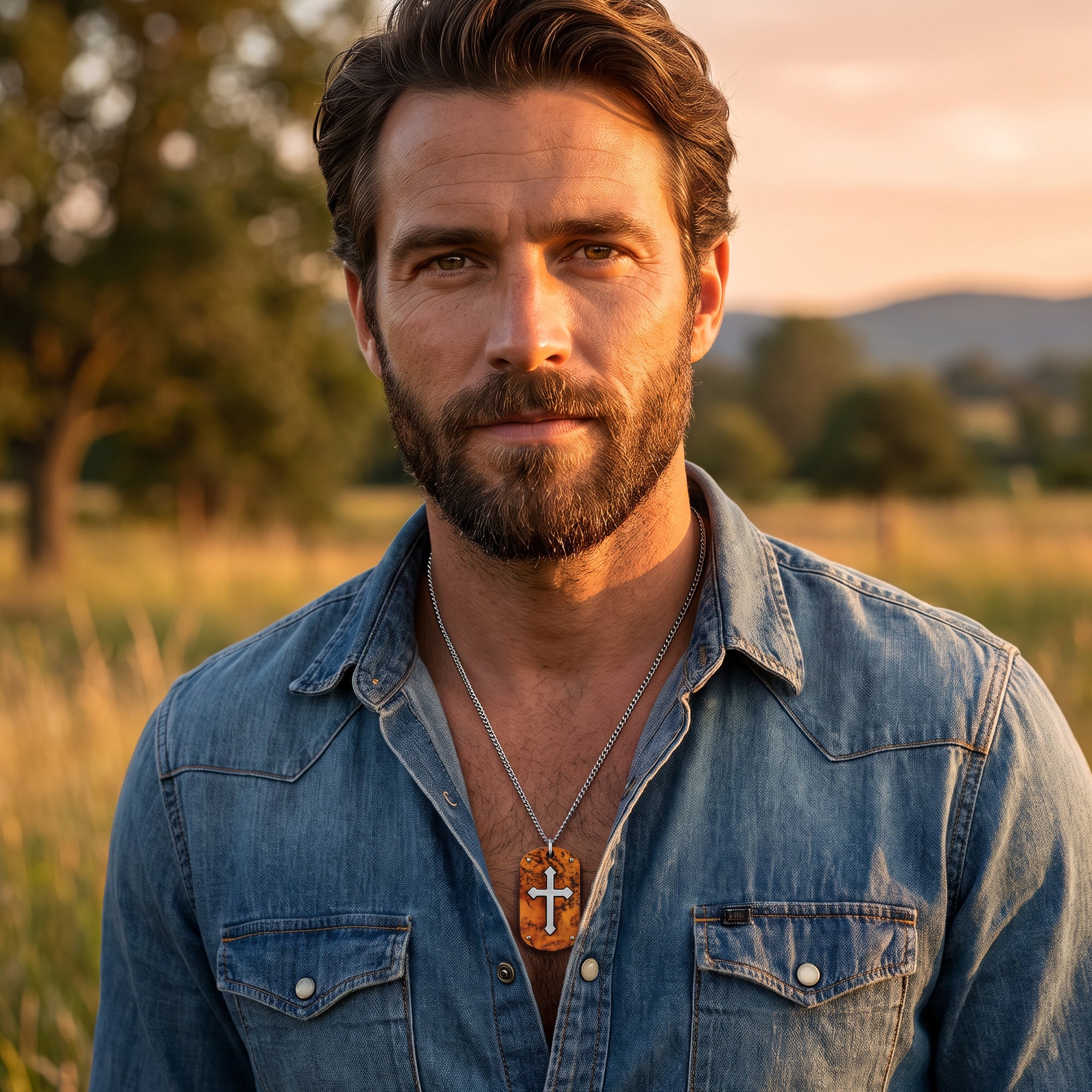 A man standing in a field in an open-neck denim shirt wearing a cross wood inlay steel dog tag necklace.