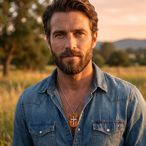 A man standing in a field in an open-neck denim shirt wearing a cross wood inlay steel dog tag necklace.