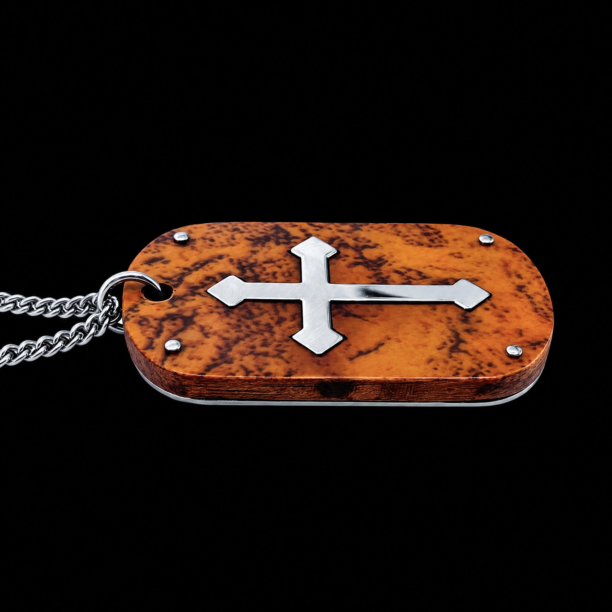 Side view of a cross wood inlay steel dog tag necklace.