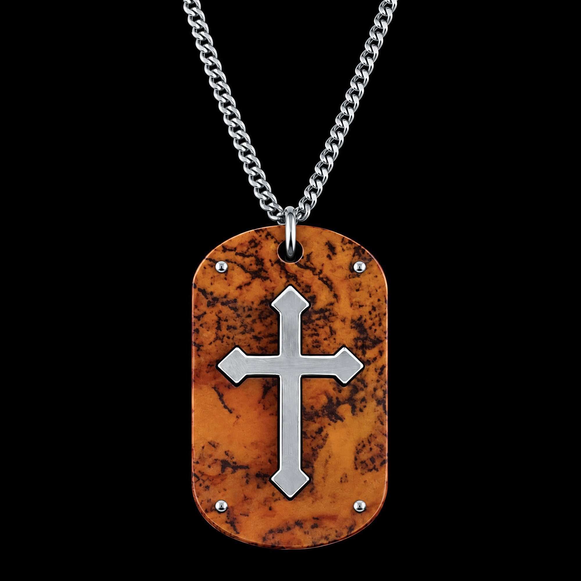 Cross Wood Inlay Steel Dog Tag Necklace