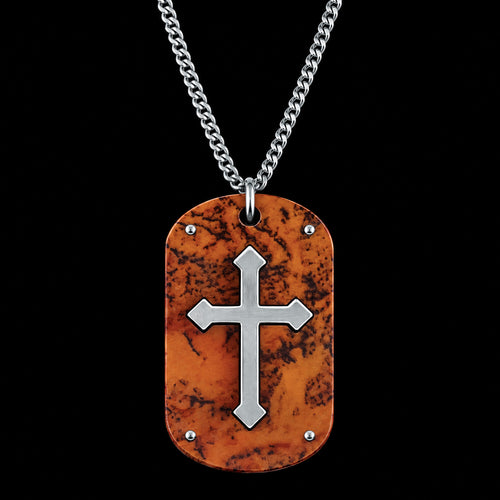 Cross Wood Inlay Steel Dog Tag Necklace