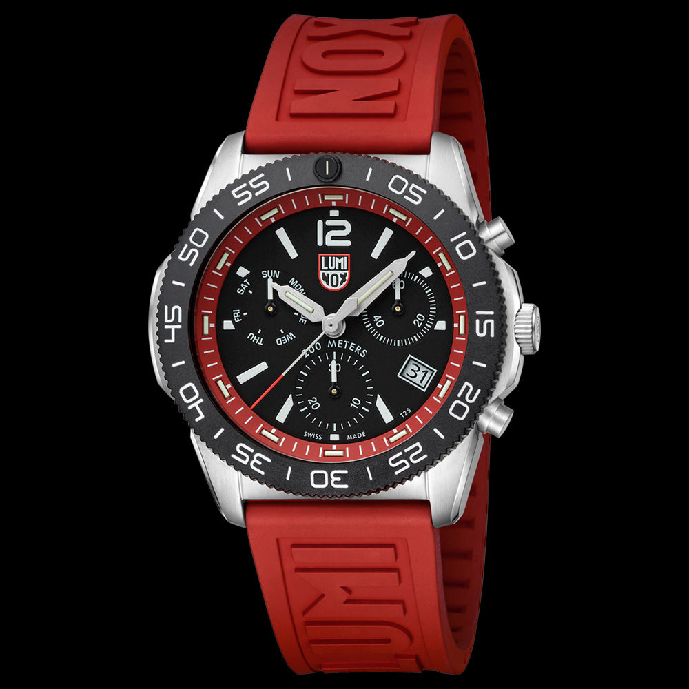 LUMINOX PACIFIC DIVER RED CHRONOGRAPH WATCH 3155 - TILT VIEW