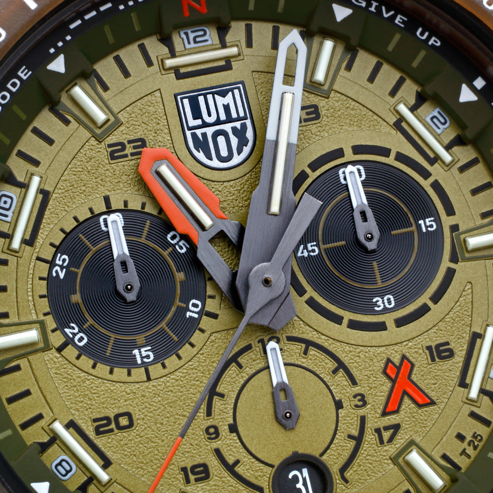 LUMINOX BEAR GRYLLS ECO MASTER #TIDE YELLOW WATCH 3757.ECO - DIAL CLOSE-UP - BEAR GRYLLS WRIST VIEW