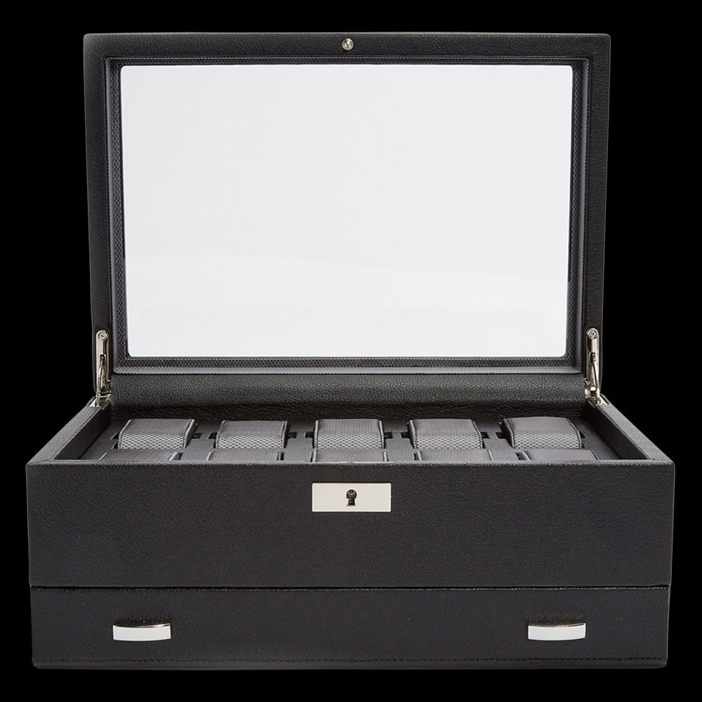 WOLF VICEROY BLACK 10-PIECE DRAW WATCH BOX - OPEN VIEW