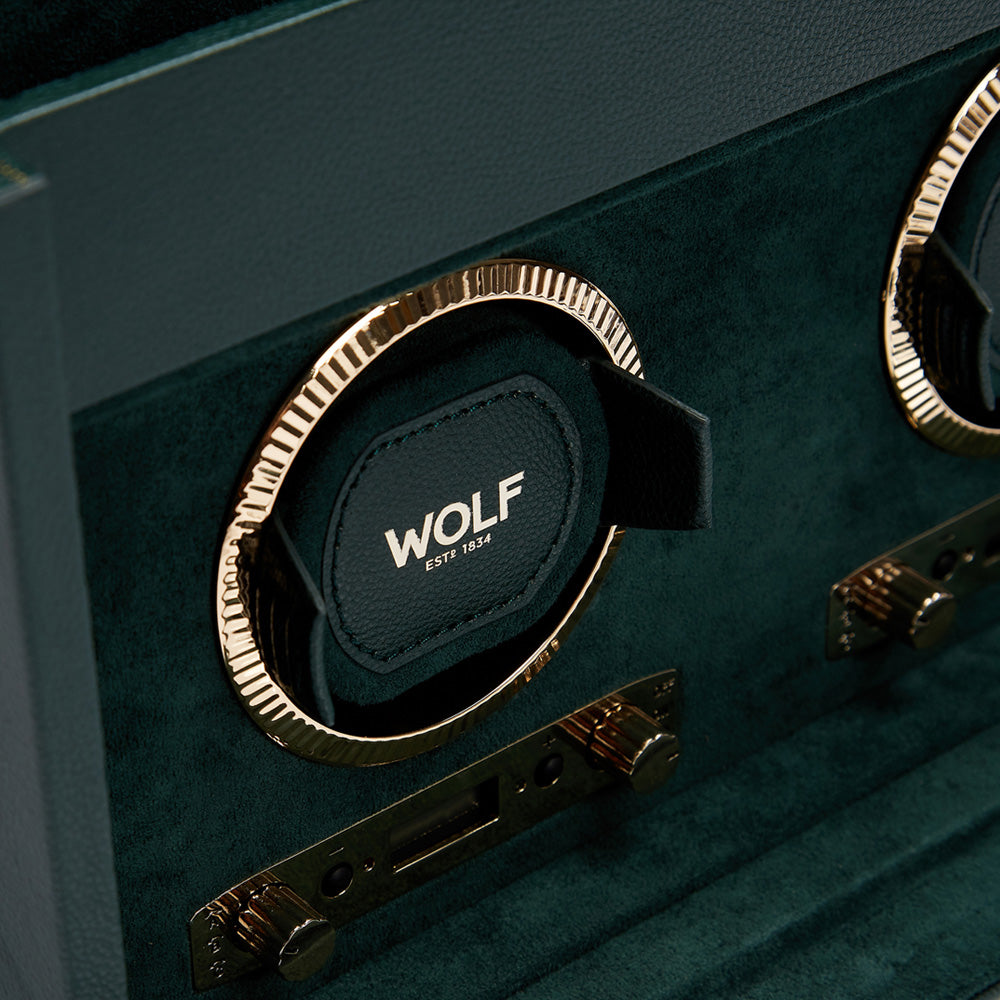 WOLF BRITISH RACING GREEN DOUBLE WATCH WINDER - CLOSE-UP 1