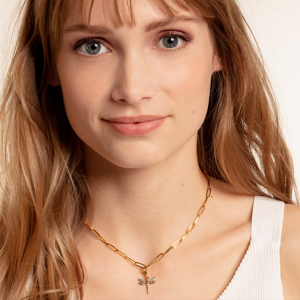 THOMAS SABO GOLD DRAGONFLY CHARM PENDANT - MODEL NECKLACE VIEW