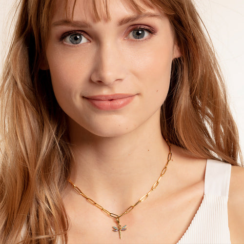 THOMAS SABO GOLD DRAGONFLY CHARM PENDANT - MODEL NECKLACE VIEW