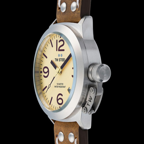 TW STEEL CANTEEN CREAM DIAL LEATHER WATCH CS100 - SIDE VIEW