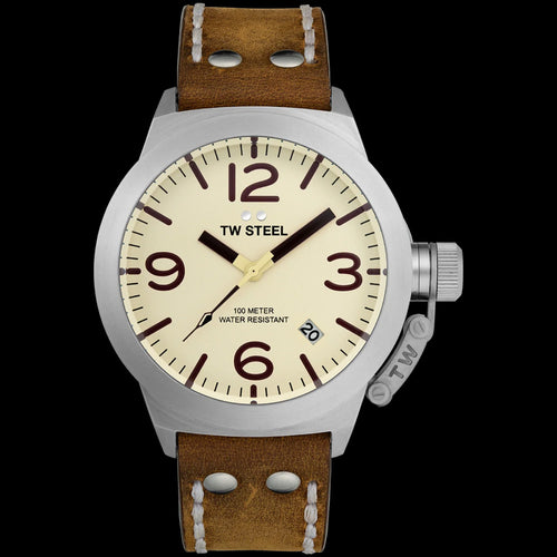 TW STEEL CANTEEN CREAM DIAL LEATHER WATCH CS100