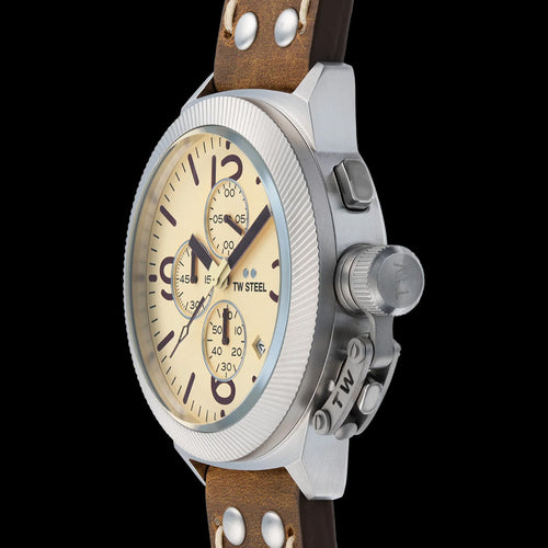 TW STEEL CANTEEN CREAM DIAL CHRONO LEATHER WATCH CS104 - SIDE VIEW