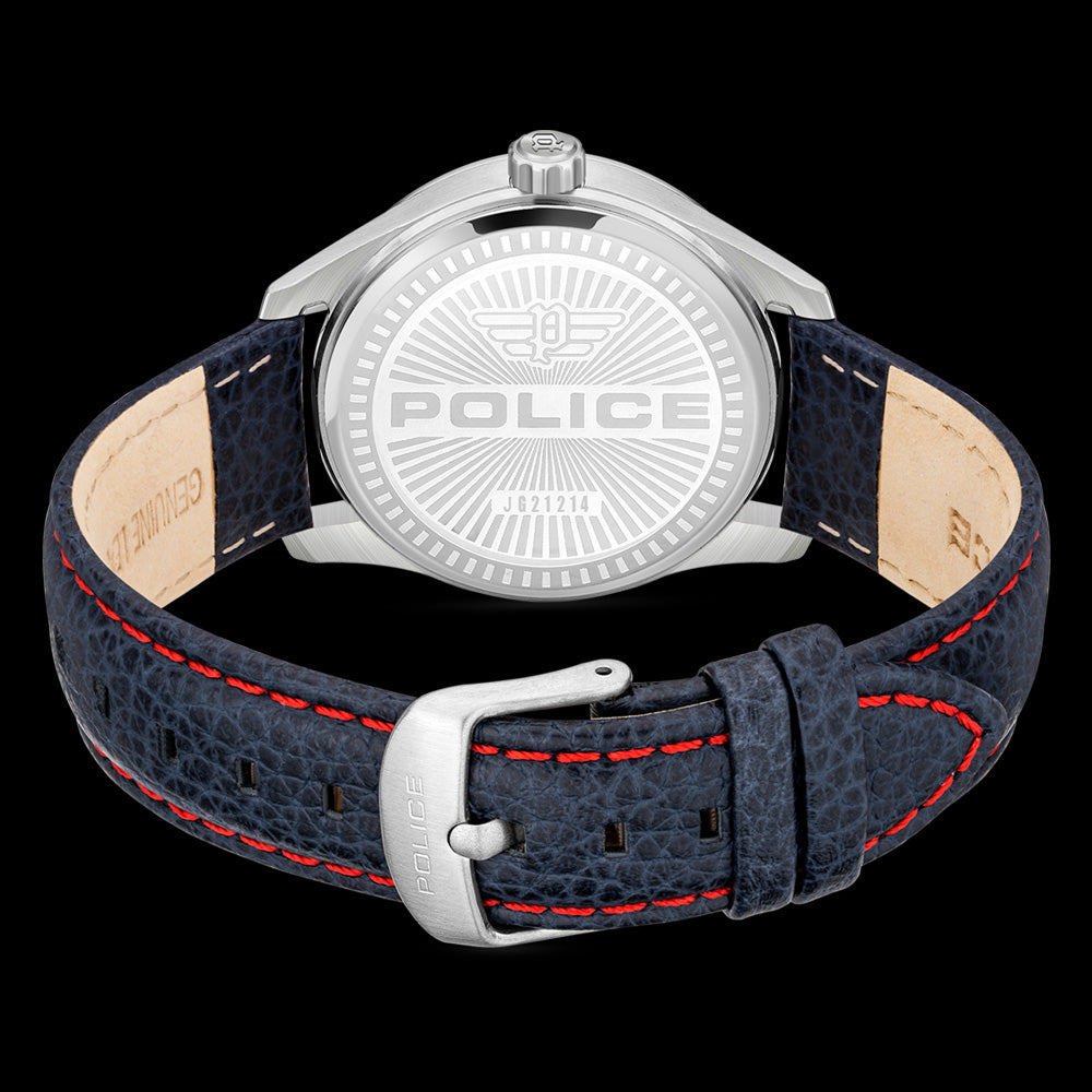 POLICE GRILLE MEN'S BLUE LEATHER WATCH - BACK VIEW