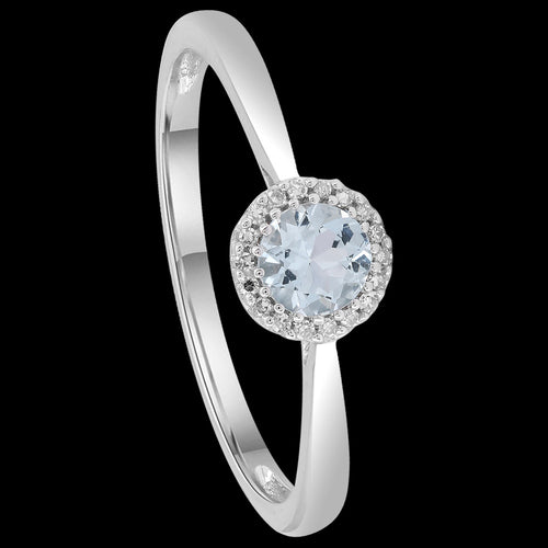 AQUAMARINE ROUND CUT DIAMOND 9 KARAT WHITE GOLD RING