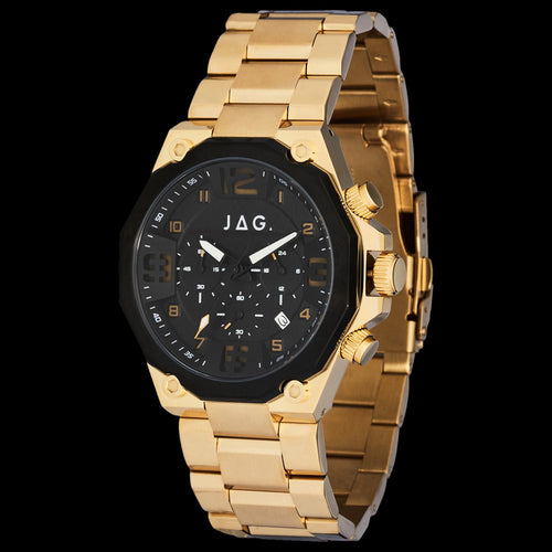 JAG BAXTER GOLD BLACK DIAL CHRONO MEN'S WATCH - ANGLE VIEW