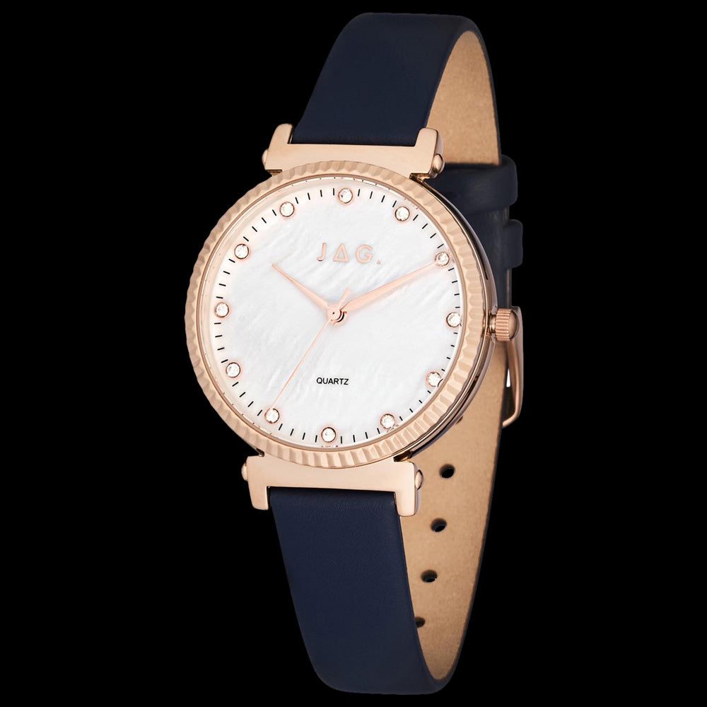 JAG VICTORIA BLUE LEATHER ROSE GOLD LADIES WATCH - ANGLE VIEW