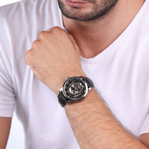 POLICE RAHO MEN'S SKULL DIAL BLACK LEATHER WATCH - WRIST VIEW