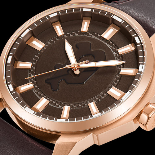POLICE KAWEKA MEN'S BROWN DIAL ROSE GOLD LEATHER WATCH - DIAL CLOSE-UP