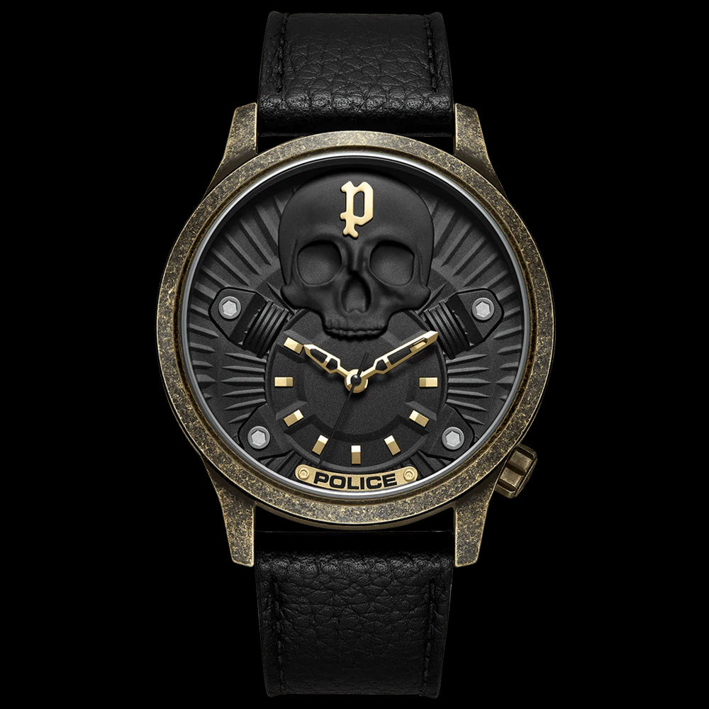 POLICE JET MEN'S GOLD BLACK SKULL DIAL WATCH