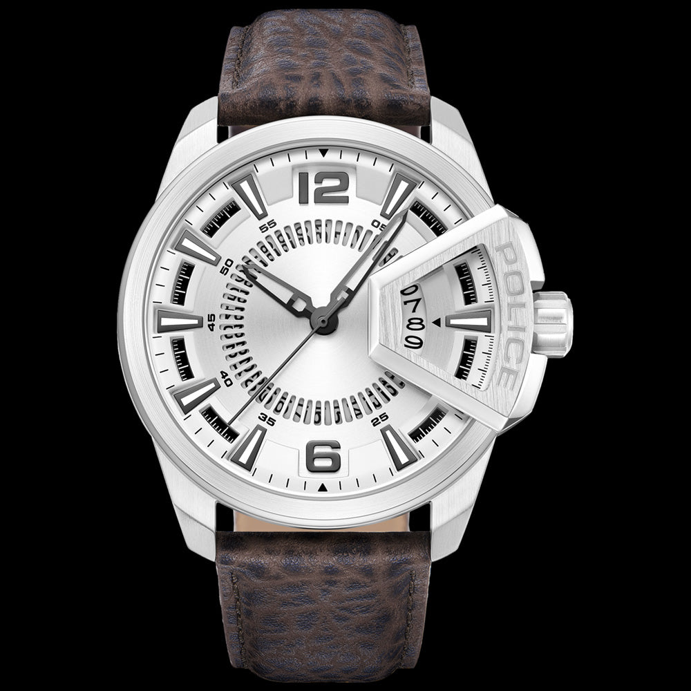 POLICE UNDERLINED MEN'S SILVER DIAL LEATHER WATCH