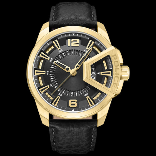 POLICE UNDERLINED MEN'S GOLD BLACK LEATHER WATCH