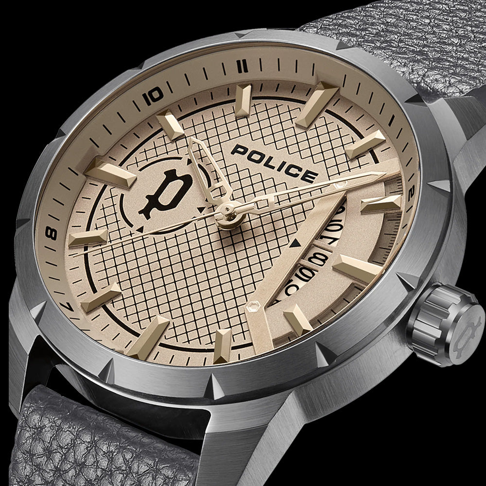 POLICE NEIST MEN'S GREY LEATHER WATCH - DIAL CLOSE-UP