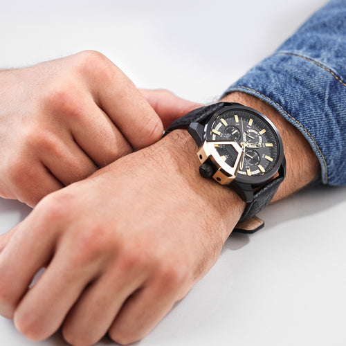 POLICE UNDERLINED MEN'S BLACK LEATHER WATCH - WRIST VIEW