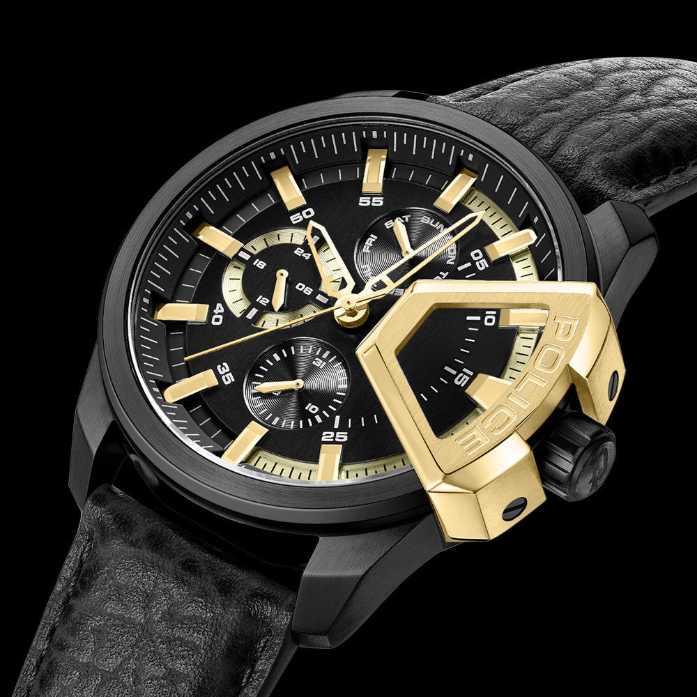 POLICE UNDERLINED MEN'S BLACK LEATHER WATCH - SIDE VIEW