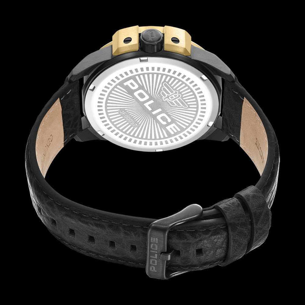 POLICE UNDERLINED MEN'S BLACK LEATHER WATCH - BACK VIEW