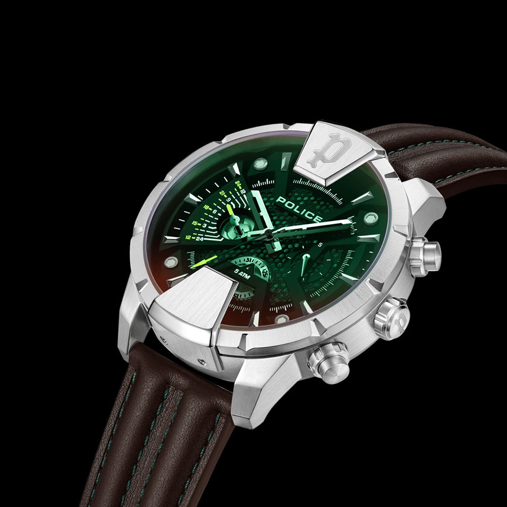 POLICE HUNTLEY MEN'S GREEN DIAL BROWN LEATHER WATCH - ANGLE VIEW
