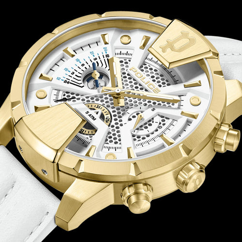 POLICE HUNTLEY MEN'S GOLD WHITE LEATHER WATCH - DIAL CLOSE-UP