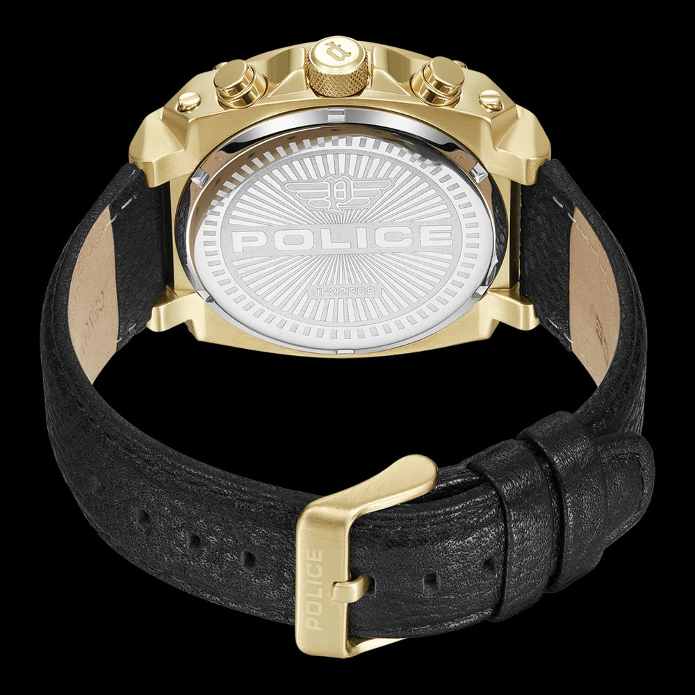 POLICE NORWOOD MEN'S GOLD BLACK LEATHER WATCH - BACK VIEW