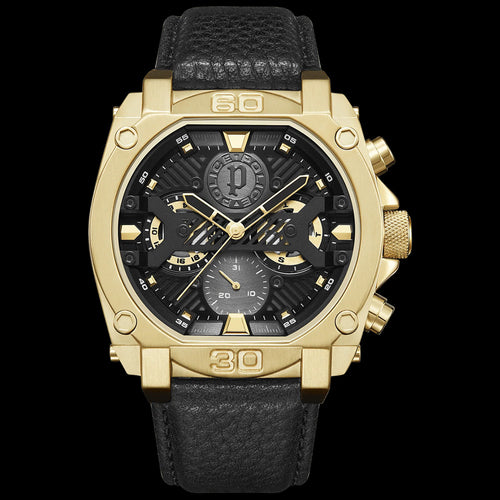 POLICE NORWOOD MEN'S GOLD BLACK LEATHER WATCH