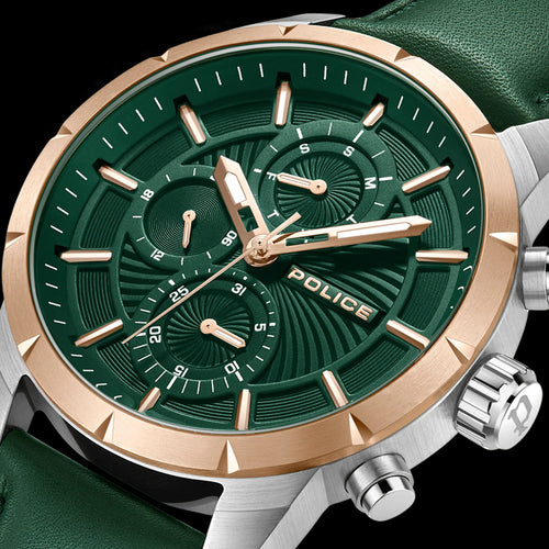 POLICE NEIST MEN'S GREEN DIAL LEATHER WATCH - DIAL CLOSE-UP