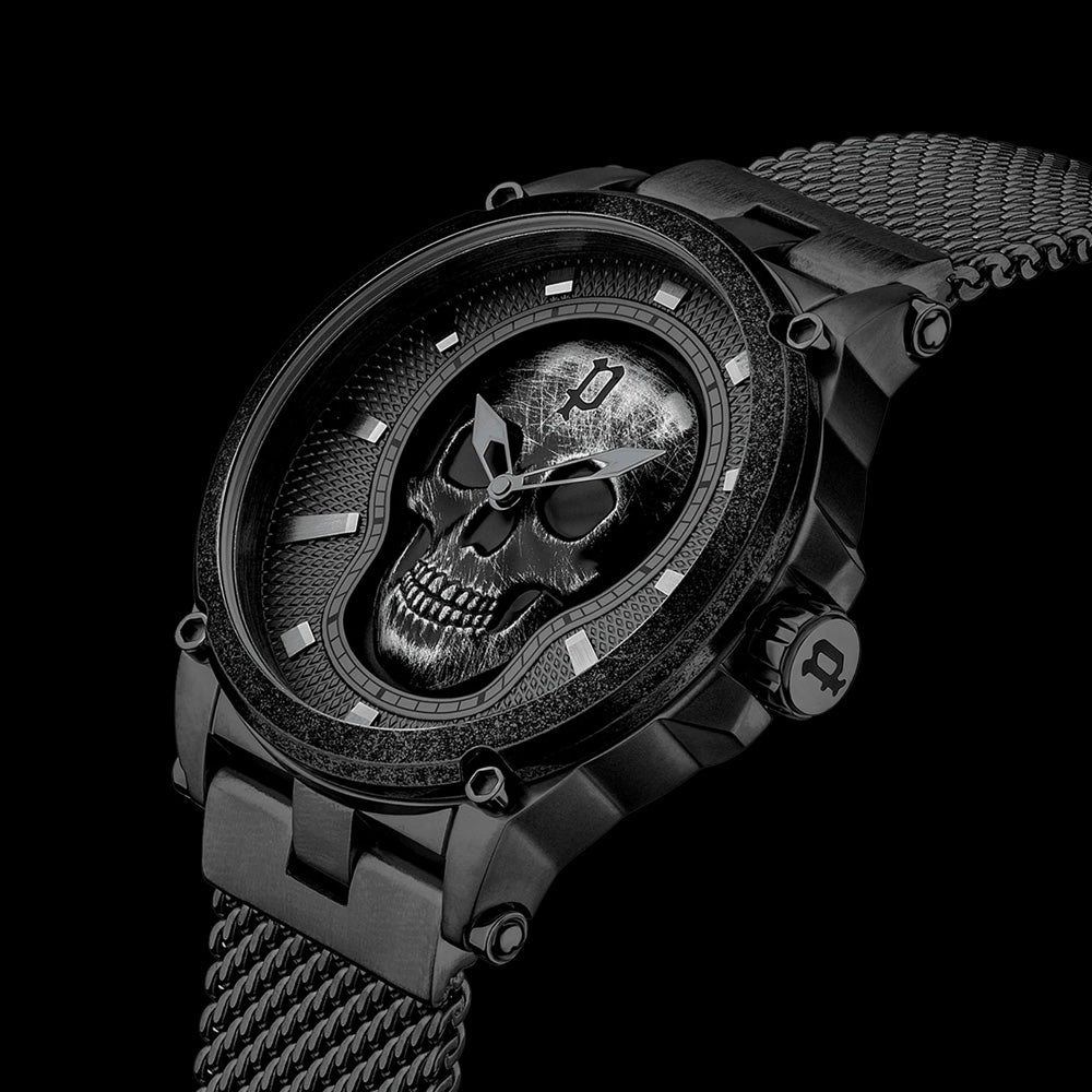 POLICE VERTEX MEN'S ALL BLACK SKULL WATCH - SIDE VIEW